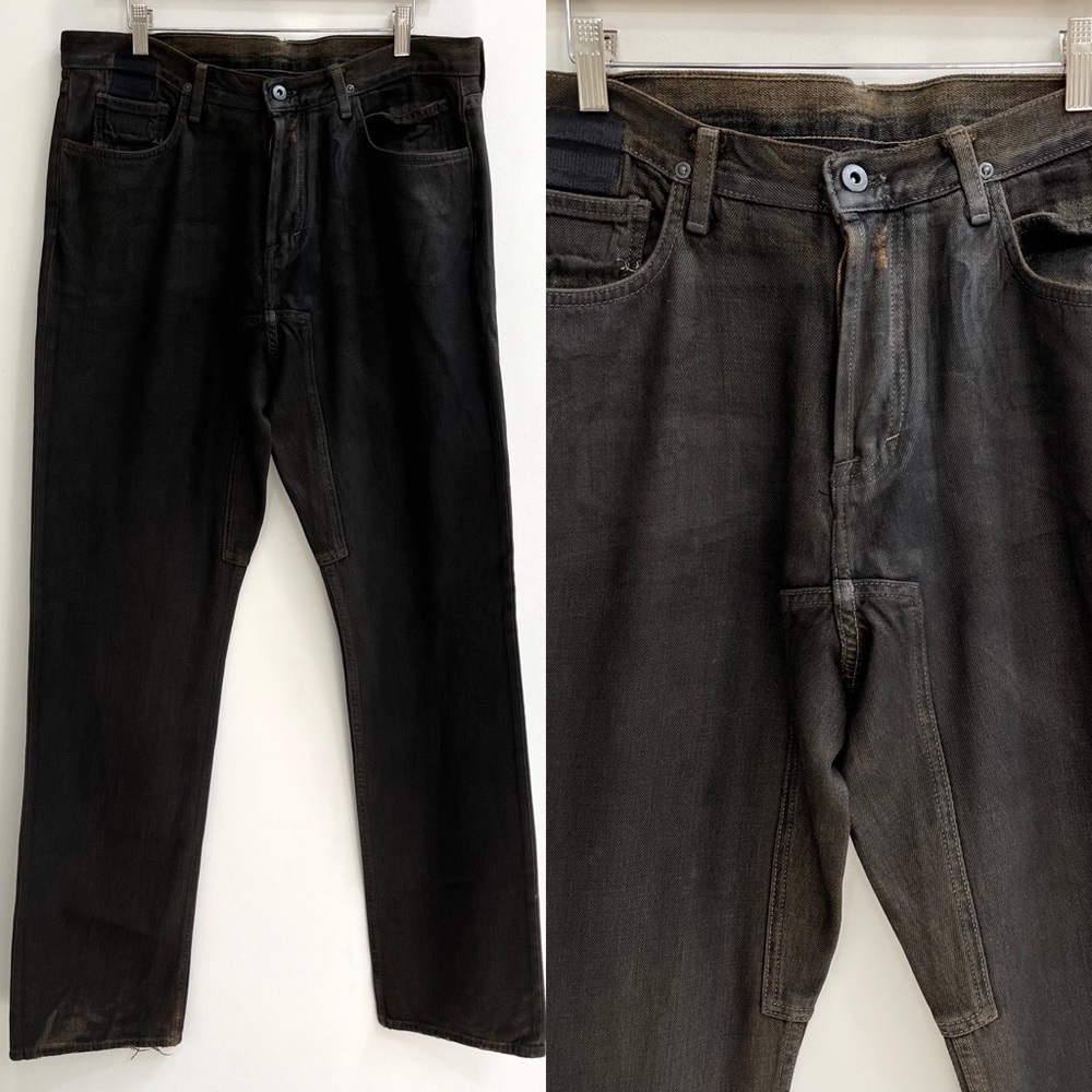 Mens Rick Owens Slab Brown Coated Distressed Straight Leg Jeans MBA2010
